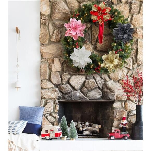 12 Pcs Poinsettia Artificial Christmas Flowers Decorations with Clips and Stems - Picture 5 of 7